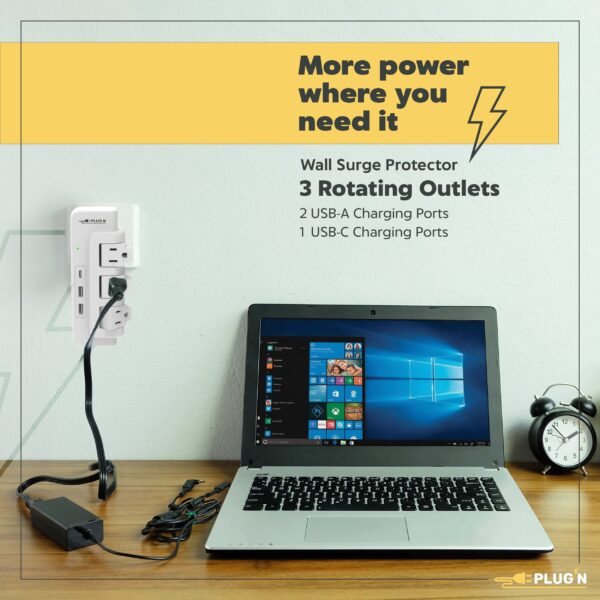 3 Rotating Outlets, 1 USB-C & 2 USB-A, Wall Surge Protector - Image 2