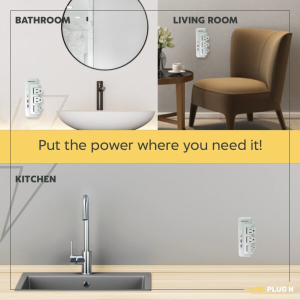 3 Rotating Outlets, 1 USB-C & 2 USB-A, Wall Surge Protector - Image 3