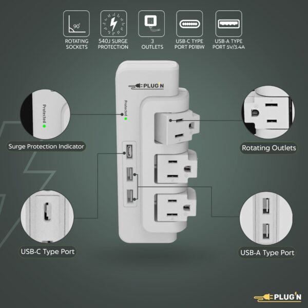 3 Rotating Outlets, 1 USB-C & 2 USB-A, Wall Surge Protector - Image 4