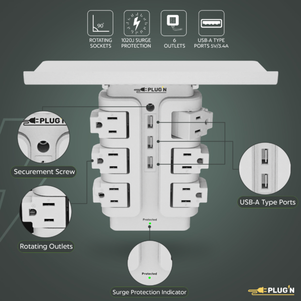 6 Rotating Outlets, 3 USB-A, Wall Surge Protector with Shelf - Image 3