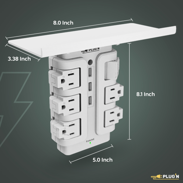 6 Rotating Outlets, 3 USB-A, Wall Surge Protector with Shelf - Image 6